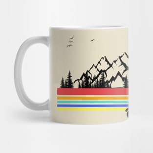Dog riding a motorcycle with a mountain backdrop and sunset Mug